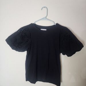Black Puff Sleeve Eyelet Tee